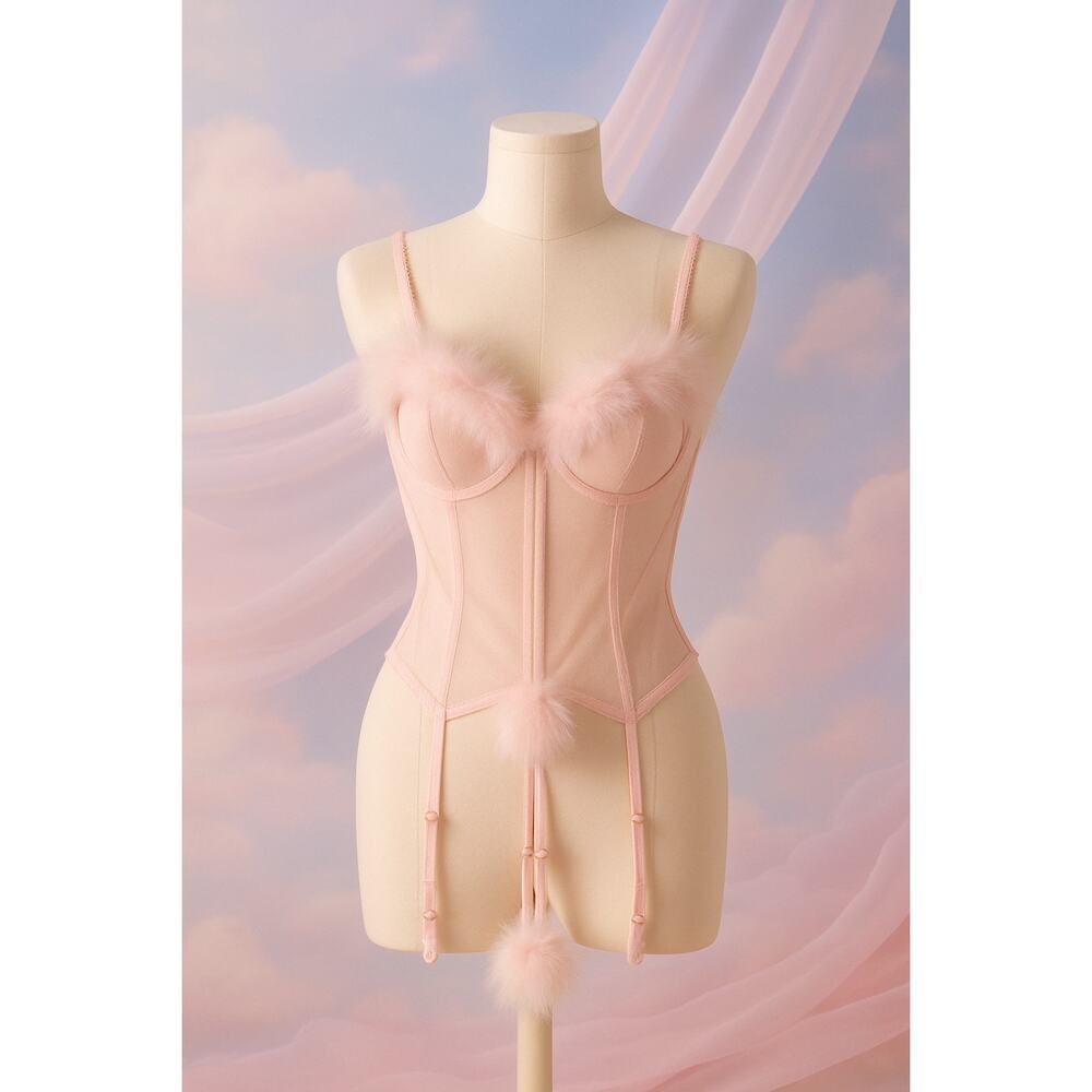 pink mesh corset with marabou feather trim